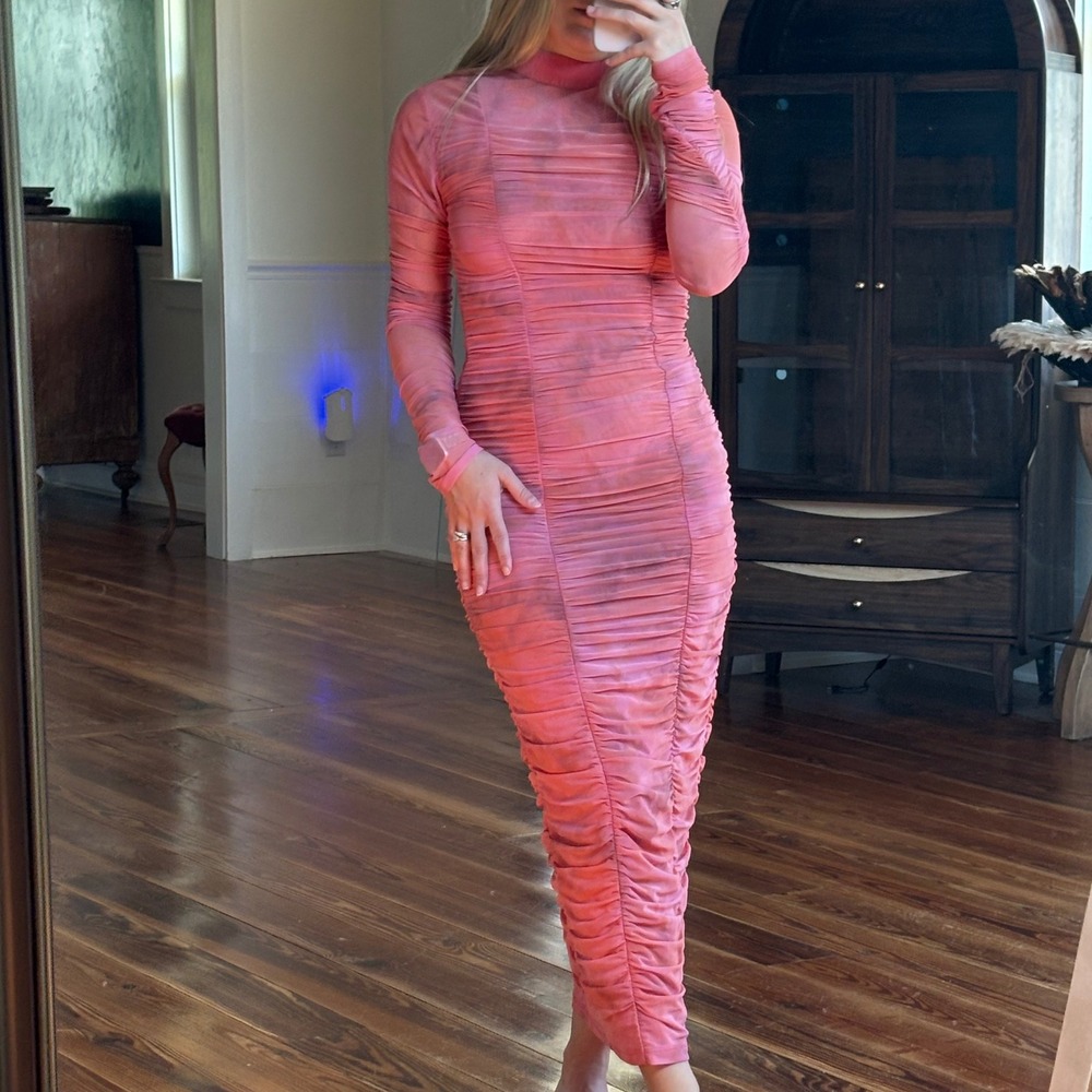 Rococo Sand Mabel Tie-Dyed Ruched Long Sleeve Midi Dress S/M Mesh Sheer Formal